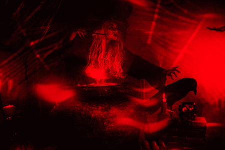 Halloween scary tales. A scary old witch conjures and talks with her magic black raven standing next...