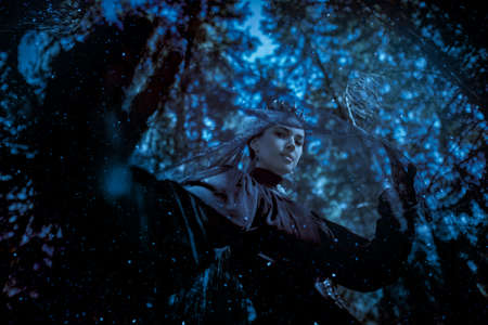 A beautiful sorceress queen in a black dress and crown looks from under a black veil standing in a dark forest. Fantasy. Black queen, witch.の写真素材