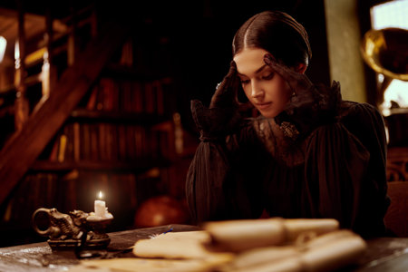 A pensive aristocratic lady in a black elegant dress with dark gathered hair sits at a table in a...