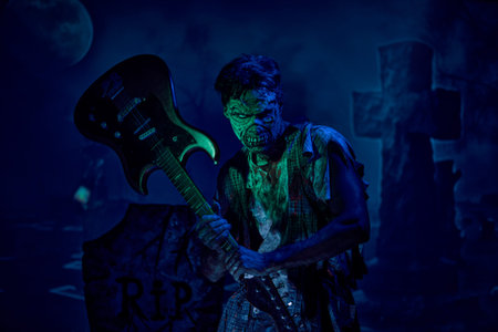 A scary zombie man holds an electric guitar while standing in a full moon night cemetery. Zombie -...