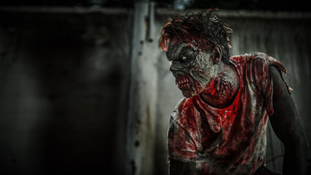 Terrible bloody zombie man in a ruined city. Zombie apocalypse. Halloween. Horror movie.