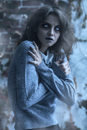 Pale ghost girl with faded eyes and black hair stands alone by a ruined wall trembling from the...