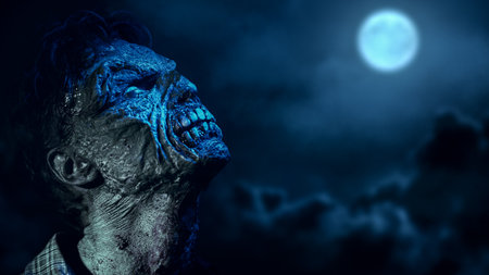 Close-up portrait of an ugly bloodied zombie man looking at the full moon at night. Halloween. Horror movie.の写真素材