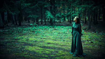 A beautiful fabulous girl wearing a long green dress is wandering in a thick enchanted forest. Fantasy, fairy tale heroine. Copy space.の写真素材