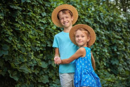 Portrait of a girl hugging her big brother standing in a green park on a summer day. Happy summer holidays. Happy active kids.の写真素材
