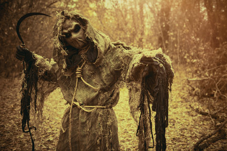 Halloween Tales. Horror, thriller. A portrait of an evil Scarecrow with a canvas bag on his head and in a burlap robe, standing in a deep forest with a sickle in his hand. Vintage style.の写真素材
