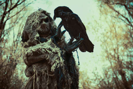 Horror, thriller. A terrible Scarecrow with a canvas sack on his head and in a burlap cloth stands in the dark thicket of the forest with a black raven on his hand. Halloween Tales.の写真素材