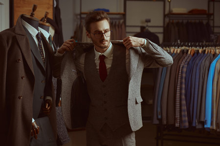 A respectable business person in elegant classic three-piece suit and glasses chooses clothes in a...