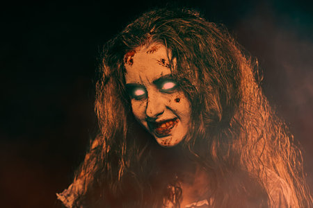 Obsessed woman. Portrait of a creepy zombie woman with burning eyes and shaggy black hair standing...