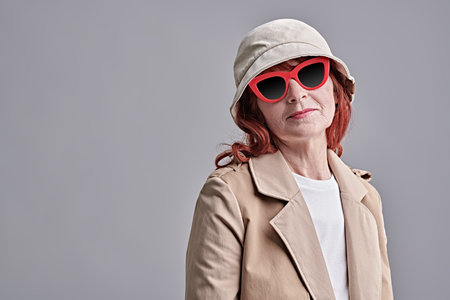 Fashion portrait of a good-looking elderly woman with bright red hair wearing a beige trench coat, hat and stylish sunglasses. Senior people. Studio portrait on a grey background. Copy space.の写真素材