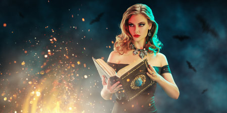 A beautiful young witch in a black dress casts a spell with a Book of Spells in her hands. Night sky background with flying bats and magic lights. Halloween party poster. Copy space.の写真素材