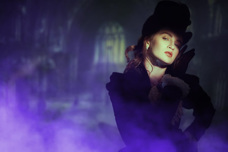 Refined young 19th century lady standing by a gloomy old castle at nighttime. Style of the late 19th...