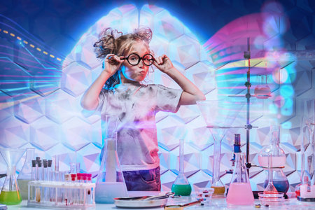 A cute little girl wearing glasses with matted hair makes scientific experiments in chemical laboratory. Education. Chemical experiments for children.の写真素材