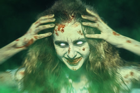 A bloodthirsty zombie woman with faded eyes smiles at the camera, revealing her bloody teeth. Devil...