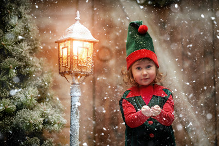 A little cute elf girl stands under snowfall and catches snowflakes. Wooden hut background with a snow-covered lantern beside it. Winter Christmas tale.の写真素材