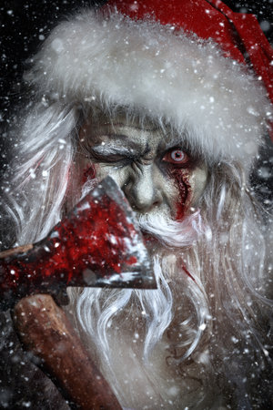 Close-up portrait of an evil zombie Santa Claus standing with an ax in his hands at night under the snowfall. Nightmare at Christmas. Halloween.の写真素材