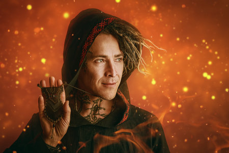 A male shaman in ethnic clothing with a hood on his head holds a magical amulet standing in a space...