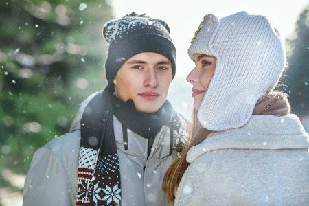 Winter fashion. Beautiful young couple in stylish winter clothes standing in the park on a snowy day. Winter activities.の写真素材