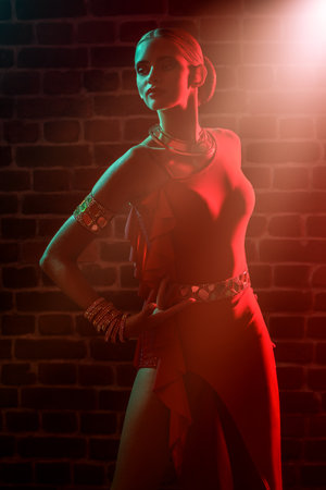 Modern latin dances. Beautiful young dancer girl in elegant red dress with sparkling jewelry performs latin dance in red lighting at studio.の写真素材