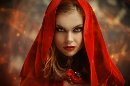 A bewitching dark witch woman in a red cape with a hood looks with magnetic eyes at the camera. Magical background with red lights. Magic tales. Halloween.の写真素材