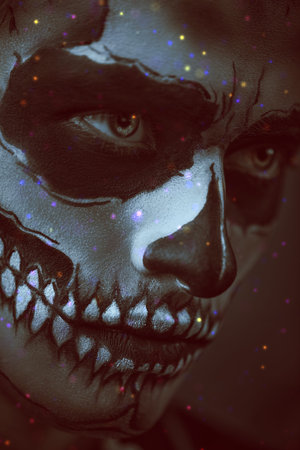 Halloween. Close-up portrait of a devilish handsome man with skull makeup on a dark background. Dia...