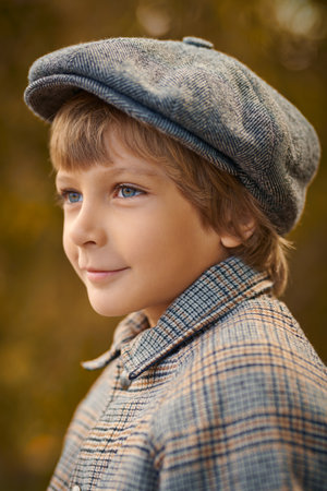 Portrait of a smiling fair-haired boy in a checkered coat and cap in an autumn park. Kid's fashion. Children and emotions.の写真素材