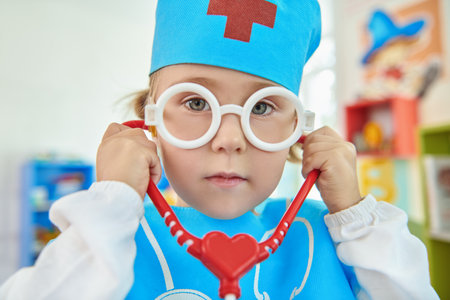 Close up portrait of a little girl in medical clothes, hat and glasses playing a doctor and using a stethoscope.の写真素材