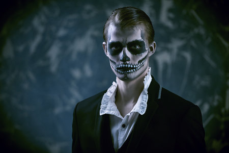 Dia de los muertos. Day of The Dead. Halloween. Handsome young man with a skull makeup in an elegant black suit and vintage white shirt is looking at the camera.の写真素材