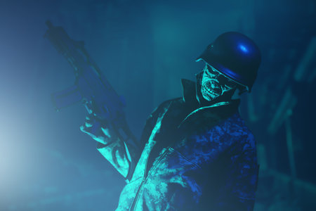 A scary zombie soldier stands in a destroyed city in an ominous moonlight and holds a machine gun....