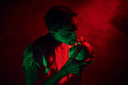 A scary evil zombie holds a human skull in his hands and looks at it. Halloween. Horror.の写真素材
