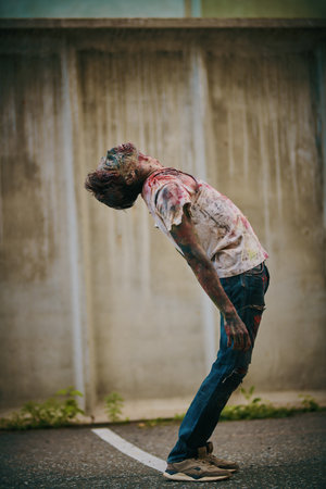 Zombie apocalypse. Full-length portrait of an angry bloody zombie man against a gloomy dirty wall. Halloween. Horror movie.の写真素材