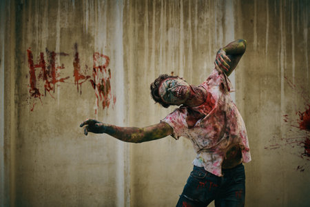 Zombie apocalypse. Angry bloody zombie man against a gloomy dirty background with "Help" text. Halloween. Horror movie. Copy space.の写真素材
