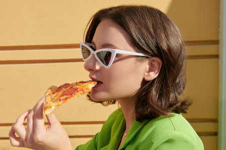 Close up portrait of a pretty brunette girl in stylish sunglasses and bright summer clothes eating a slice of pizza at an outdoor cafe. People and lifestyle.の写真素材