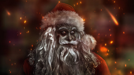 A portrait of a terrible zombie Santa Claus, who stands in the night under the fiery snowfall and...
