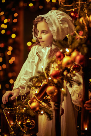 Portrait in a vintage style of a pretty little girl standing on the staircase in a nightie and nightcap in a fabulous atmosphere with pine garlands and golden lights around.の写真素材