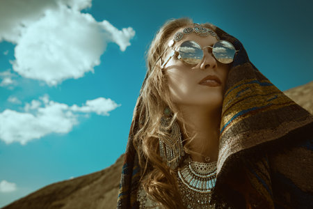 Boho chic fashion, summer style. A beautiful woman in elegant boho style jewelry with an ethnic headscarf on her head stands against the backdrop of sand dunes and blue sky. Copy space.の写真素材