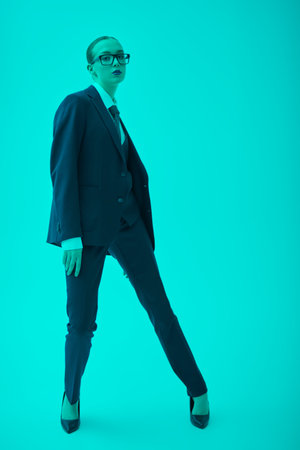 Business style. Full-length portrait of a beautiful girl with strict make-up and hairstyle posing in an elegant black suit and stylish spectacles in turquoise lighting on a studio background. Fashion.の写真素材