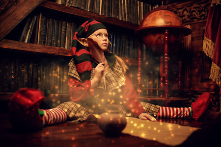 A pensive little elf girl sits by a bookcase in a vintage library and writes a long list of things...