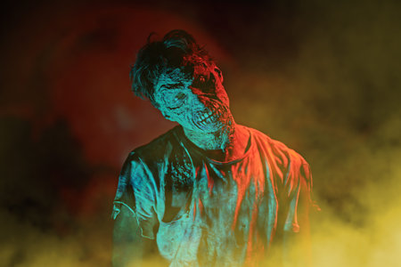 The Apocalypse. Halloween, horror movie. A terrible bloodthirsty zombie stands against the background of a red bloody full moon.の写真素材