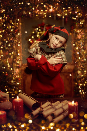 A smiling elf girl stands by the table with scrolls in front of her in a cozy room with festive decorations and shining lights. Preparation for Christmas celebration. Christmas fairy tales.の写真素材
