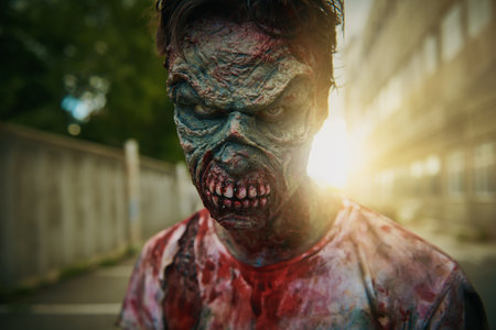 Terrible bloody zombie man in a ruined city. Zombie apocalypse. Halloween. Horror movie.の写真素材