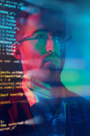 A close-up portrait of a serious male businessman or politician looking at a digital hologram.の写真素材