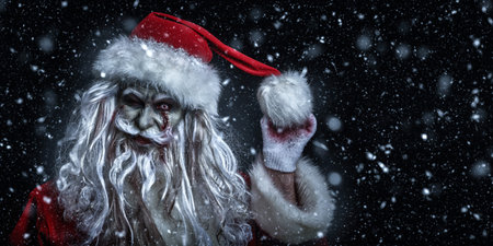 A portrait of a scary zombie Santa Claus, who stands in the night under the snowfall and smiles....
