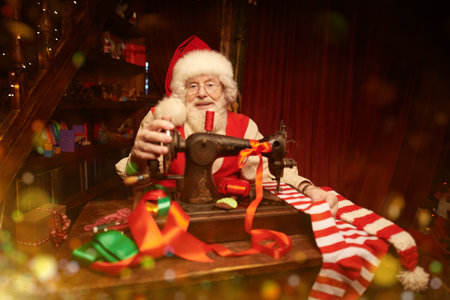 Portrait of joyful Santa Claus sewing Christmas stockings in his workshop. Santa's preparations for Christmas. Workshop of Santa Claus. Christmas traditions and fairy tales.の写真素材