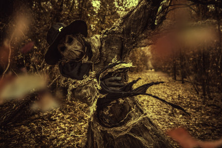Halloween nightmare. An evil, insidious Scarecrow with a canvas bag on his head and in sackcloth clothes attacks in the dense autumn forest. Horror, thriller.の写真素材