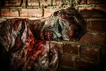 Zombie man. A bloodied zombie stands against a brick wall in a dark alley of a city destroyed by the apocalypse. Halloween. Horror movie.の写真素材