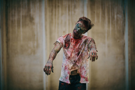 Angry bloody zombie man against a gloomy dirty background. Zombie apocalypse. Halloween. Horror...
