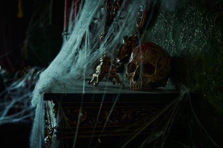 The scenery of an ancient castle with a frightening mystical atmosphere. Halloween scary stories. Horror fantasy.の写真素材