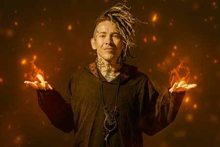 A modern male shaman with tattoos and dreadlocks dressed in ethnic hooded clothing creates fire with his hands looks with a smile at camera. Dark background with sparks. Shamanism. Halloween, Fantasy.の写真素材