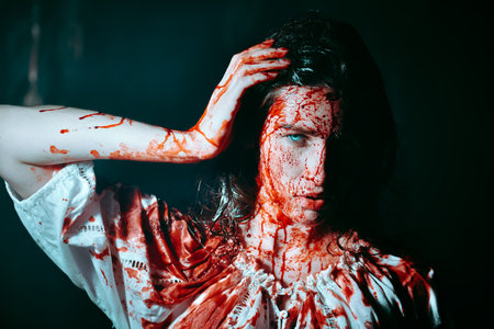 Spooky portrait of a poor innocent girl drenched in blood standing weak in a dark gloomy castle. Horror, thriller. Halloween. Vampires.の写真素材